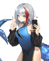 Rule 34 | 1girl, absurdres, admiral graf spee (azur lane), azur lane, bare shoulders, blue dress, blue eyes, breasts, cellphone, china dress, chinese clothes, collarbone, cowboy shot, detached sleeves, dress, fins, fish tail, halter dress, halterneck, hand up, hands up, heart, highres, holding, holding phone, long sleeves, looking at viewer, medium breasts, multicolored hair, nail polish, pelvic curtain, phone, red hair, romana, shark tail, short hair, sidelocks, silver hair, simple background, sleeveless, sleeveless dress, smartphone, solo, standing, streaked hair, tail, thighs, two-tone hair, v, white background