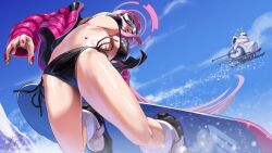 Rule 34 | 2girls, absurdres, bikini, black bikini, blue archive, blue sky, breasts, cloud, day, eimi (blue archive), eimi (swimsuit) (blue archive), goggles, goggles on head, halo, highres, himari (blue archive), holding ski pole, jacket, khoaphan96, large breasts, long hair, long sleeves, multiple girls, navel, official alternate costume, open clothes, open jacket, open mouth, outdoors, pink hair, pink jacket, ponytail, ski gear, ski goggles, ski pole, skiing, skis, sky, snowboard, snowboarding, swimsuit, wheelchair