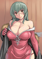 Rule 34 | 00s, 1girl, bare shoulders, bespectacled, breasts, cleavage, coat, dress, fur trim, glasses, gloves, head tilt, huge breasts, hyougintou, lips, long hair, aged up, original, panties, red eyes, rozen maiden, silver hair, smile, solo, suigintou, thong, tsuda nanafushi, underwear, undressing, wide hips