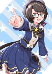 Rule 34 | 1girl, absurdres, black hair, black ribbon, blouse, blue eyes, blue skirt, blush, borumete, breasts, commentary request, frills, grey shirt, hair ornament, hair ribbon, hat, highres, hololive, long sleeves, looking at viewer, oozora subaru, oozora subaru (work), open mouth, pointing, pointing at viewer, red ribbon, ribbon, shirt, short hair, skirt, sleeves past wrists, smile, solo, star (symbol), striped clothes, striped shirt, vertical-striped clothes, vertical-striped shirt, virtual youtuber