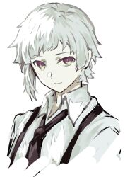 Rule 34 | 1boy, absurdres, black necktie, bungou stray dogs, closed mouth, collared shirt, highres, jellyfish sz, looking at viewer, male focus, nakajima atsushi (bungou stray dogs), necktie, shirt, short hair, simple background, smile, solo, suspenders, upper body, white background, white hair, white shirt, yellow eyes