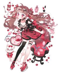 Rule 34 | ahoge, asymmetrical legwear, black thighhighs, blush, bow, breasts, brown hair, cat, chair, cherry, cherry print, cleavage, commentary, english commentary, flower, food, food print, fork, frilled skirt, frills, fruit, full body, hair bow, hair ornament, heart, heart hair ornament, highres, ice cream, long hair, looking at viewer, nail polish, original, paw print, pink eyes, pink flower, red bow, red eyes, red footwear, red nails, red skirt, skirt, sundae, thighhighs, tulip, twintails, uekura eku, very long hair, whiskers, white background, white thighhighs