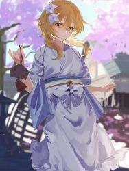 Rule 34 | 1girl, blonde hair, cherry blossoms, ema, flower, genshin impact, hair flower, hair ornament, highres, japanese clothes, kimono, looking at viewer, lumine (genshin impact), nakatsuka123, outdoors, parted lips, short hair with long locks, solo, white kimono, yellow eyes