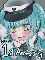 Rule 34 | 1girl, blue hair, blush, fang, goddess of victory: nikke, hands on own cheeks, hands on own face, hat, highres, light blue hair, long hair, military hat, military uniform, open mouth, peaked cap, privaty (nikke), skullering, solo, sweat, sweatdrop, twintails, uniform, very long hair, white hat, yellow eyes
