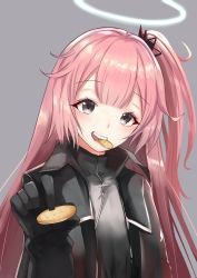 Rule 34 | 1girl, :d, ambriel (arknights), arknights, bad id, bad twitter id, black gloves, black jacket, commentary request, food, food in mouth, gloves, grey background, grey eyes, grey shirt, halo, head tilt, holding, holding food, jacket, long hair, looking at viewer, mouth hold, one side up, open mouth, pink hair, shirt, simple background, smile, solo, upper body, yuzuruka (bougainvillea)