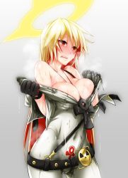 Rule 34 | 1girl, belt, black gloves, blonde hair, blush, breasts, cleavage, spiked halo, covered navel, gloves, gradient background, guilty gear, guilty gear xrd, halo, highres, jack-o&#039; valentine, large breasts, multicolored hair, off shoulder, red eyes, red hair, solo, steam, sweat, two-tone hair, un (le monde-alternatif), undressing, very sweaty