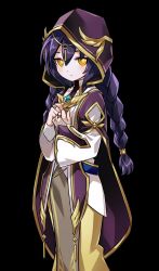 Rule 34 | 1girl, black background, braided pigtails, cloak, darkmoon (elsword), elsword, expressionless, fantasy, fantasy clothes, fantasy clothing, game cg, hair between eyes, hair ornament, hand on chest, highres, hood, long hair, looking at viewer, purple hair, simple background, solo, standing, tachi-e, yellow eyes