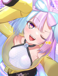 Rule 34 | 1girl, ;d, arm up, bare shoulders, blue hair, blush, bow-shaped hair, breasts, collarbone, commentary request, creatures (company), game freak, highres, honeycomb (pattern), iono (pokemon), jacket, long sleeves, looking at viewer, multicolored hair, nintendo, off shoulder, one eye closed, open mouth, pokemon, pokemon sv, purple eyes, purple hair, sharp teeth, shirt, sleeves past fingers, sleeves past wrists, small breasts, smile, solo, star (symbol), teeth, templus, two-tone hair, white shirt, yellow jacket