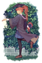 Rule 34 | 1girl, :d, absurdres, black pantyhose, blue skirt, bouquet, brick wall, brown eyes, brown footwear, brown hair, flower, from side, full body, hat, highres, holding, holding bouquet, hood, hood down, long hair, mary janes, mortarboard, open mouth, original, outdoors, pantyhose, plant, ponytail, shoes, skirt, smile, solo, standing, standing on one leg, walking, wavy hair, zhang tie tong
