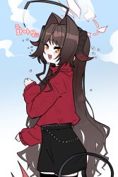 1girl :d absurdres ahoge black_shorts blue_archive brown_hair demon_horns demon_tail fake_seal fang flying_sweatdrops hair_intakes halo head_steam highres horns huge_ahoge kasumi_(blue_archive) long_hair long_sleeves looking_at_viewer open_mouth red_sweater shorts smile solo sweater tail tail_under_clothes very_long_hair