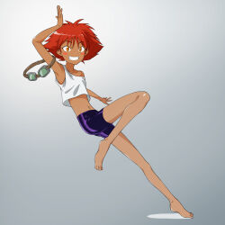 Rule 34 | 1girl, androgynous, armpits, bare shoulders, barefoot, bike shorts, black shorts, blush stickers, commentary, cowboy bebop, crop top, dark-skinned female, dark skin, edward wong hau pepelu tivrusky iv, flat chest, floating, from side, full body, goggles, gradient background, grey background, grin, hand up, highres, holding, holding goggles, knee up, looking at viewer, looking to the side, loose clothes, loose shirt, midriff, navel, orange eyes, outstretched hand, parted lips, red hair, shimokou0207, shirt, short hair, shorts, smile, solo, spread fingers, strap slip, tank top, toes, tomboy, white tank top