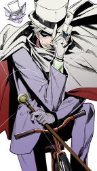 Rule 34 | 1boy, bicycle, blue eyes, cane, cape, card, cat, domino mask, facial hair, fate/grand order, fate (series), formal, gloves, grey hair, hand up, hat, highres, holding, holding card, james moriarty (archer) (fate), long sleeves, looking at viewer, male focus, mask, monocle, mustache, old, old man, purple suit, simple background, smile, solo, suit, suzuki rui, white background, white cape, white gloves, white hat