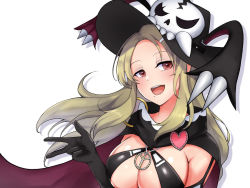 Rule 34 | 1girl, black gloves, black leotard, blonde hair, breasts, cape, elbow gloves, gloves, hair ornament, hairclip, hat, jewelry, large breasts, leotard, long hair, looking at viewer, mole, mole under mouth, necklace, open mouth, peace symbol, red eyes, senran kagura, shiki (senran kagura), sideboob, simple background, skull print, smile, solo, teeth, underboob, user gezp8378, v, white background, witch hat