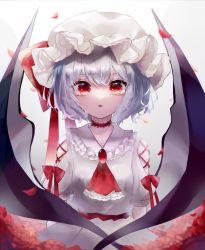 Rule 34 | 1girl, arms at sides, ascot, bad id, bad pixiv id, bat wings, blue hair, blurry, brooch, choker, commentary request, depth of field, dress, fang, flower, gem, gradient background, grey background, hair between eyes, hat, highres, jewelry, lace, lace choker, looking at viewer, mob cap, parted lips, petals, raglan sleeves, red ascot, red eyes, red flower, red gemstone, red rose, remilia scarlet, rose, rose petals, sash, short hair, short sleeves, simple background, solo, standing, touhou, upper body, white dress, wings, yukia (yukia 777)