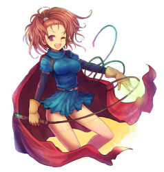 Rule 34 | 1girl, barbara (dq6), breasts, brown eyes, brown hair, cape, dragon quest, dragon quest vi, female focus, forehead, gloves, high ponytail, kara (color), one eye closed, ponytail, solo, whip, white background, wink