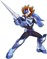Rule 34 | 10s, 1boy, arm blade, armor, blue eyes, full body, gaist crusher, male focus, official art, red hair, shiren quartzheart, simple background, solo, spiked hair, sword, weapon