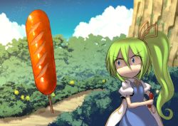 Rule 34 | blue eyes, blue sky, bomb, bush, cloud, comic, commentary, constricted pupils, daiyousei, day, dress, dynamite, explosive, fairy wings, food, frown, green hair, hair between eyes, hair ribbon, hiding, kuresento, lit fuse, long hair, outdoors, oversized object, path, pinafore dress, ribbon, road, sausage, sausage stick, shaded face, shadow, short sleeves, side ponytail, skewer, sky, sleeveless dress, solo, sunlight, sweatdrop, touhou, tree, v-shaped eyebrows, wings