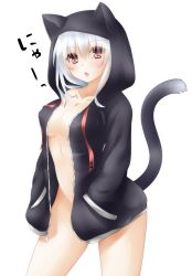 Rule 34 | 1girl, :o, animal ears, blush, breasts, cleavage, collarbone, fang, hands in pockets, highres, hood, hoodie, large breasts, miko (royal milk), naked hoodie, navel, open mouth, original, pink eyes, simple background, solo, tail, white background, zipper