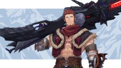 Rule 34 | 00047, 1boy, abs, alternate costume, alternate weapon, arm up, bara, beard, biceps, blue eyes, brown hair, crossover, facial hair, fate/grand order, fate (series), gloves, highres, holding, holding weapon, jewelry, long sideburns, looking at viewer, male focus, monster hunter, monster hunter: world, monster hunter (series), mountain, muscular, napoleon bonaparte (fate), necklace, open clothes, over shoulder, pants, pectorals, revealing clothes, scar, scarf, sideburns, simple background, smile, solo, standing, weapon, weapon over shoulder