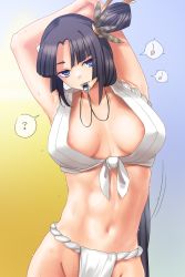 Rule 34 | 1girl, areola slip, armpits, arms behind head, arms up, bare shoulders, black hair, blue eyes, blush, breasts, crop top, fate/grand order, fate (series), feather hair ornament, feathers, fundoshi, gachou, gradient hair, hair bun, hair ornament, highres, japanese clothes, large breasts, long hair, looking at viewer, mouth hold, multicolored hair, navel, parted bangs, shirt, side ponytail, single hair bun, solo, sweat, tied shirt, ushiwakamaru (chaldea lifesavers) (fate), ushiwakamaru (fate), very long hair, whistle, whistle around neck, white shirt