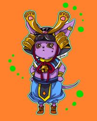 Rule 34 | 1boy, aged down, armor, artist name, baggy pants, beerus, bell, boots, child, dragon ball, dragonball z, earrings, egyptian clothes, god of destruction beerus, hakaishin bills, hands on own hips, helmet, japanese armor, jewelry, kabuto (helmet), male focus, no humans, orange background, pants, purple eyes, raku220p, signature, simple background, solo, tail, wrist cuffs