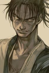 Rule 34 | 1boy, blade of the immortal, closed mouth, cross scar, facial hair, frown, grey background, hungry clicker, looking at viewer, male focus, manji, manly, messy hair, monochrome, scar, scar across eye, scar on face, serious, simple background, solo, stubble, upper body