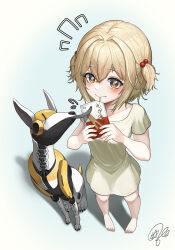 Rule 34 | 1girl, blonde hair, blush, breasts, casual, collarbone, drinking, from above, goddess of victory: nikke, highres, liter (nikke), looking at viewer, non-humanoid robot, robot, robot animal, sagle, shirt, short hair, short twintails, signature, small breasts, twintails, volt (nikke), yellow eyes, yellow shirt
