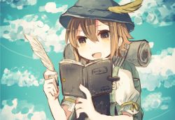 Rule 34 | 1girl, :d, backpack, bad id, bad twitter id, bag, brown eyes, brown hair, cloud, day, dot nose, hair between eyes, hat, hat feather, holding, kyuaa, notebook, octopath traveler, octopath traveler i, open mouth, outdoors, puffy short sleeves, puffy sleeves, quill, short hair, short sleeves, sky, smile, solo, tressa (octopath traveler), upper body