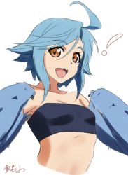 Rule 34 | !, 10s, 1girl, :d, ahoge, bad id, bad pixiv id, bandeau, blue hair, blue wings, breasts, brown eyes, feathered wings, harpy, highres, kagiyama (clave), monster girl, monster musume no iru nichijou, open mouth, papi (monster musume), short hair, signature, simple background, sketch, small breasts, smile, solo, upper body, white background, winged arms, wings