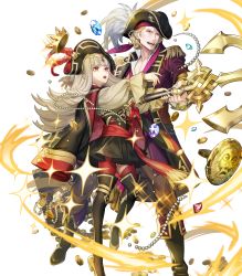 Rule 34 | 1boy, 1girl, blonde hair, boots, coin, detached sleeves, fire emblem, fire emblem fates, fire emblem heroes, full body, gem, gold coin, grey hair, hat, highres, jewelry, knee boots, long sleeves, necklace, nintendo, official alternate costume, official art, pants, pearl (gemstone), pirate hat, red eyes, red thighhighs, skirt, sparkle, thighhighs, transparent background, veronica (fire emblem), xander (fire emblem), xander (pirate) (fire emblem), zettai ryouiki