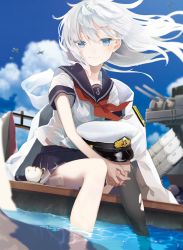 Rule 34 | 10s, 1girl, anchor symbol, black thighhighs, blue eyes, blue sky, cloud, day, hat, hibiki (kancolle), highres, kantai collection, long hair, looking at viewer, military hat, neckerchief, outdoors, school uniform, serafuku, short sleeves, silver hair, single thighhigh, sitting, sky, solo, thighhighs, turret, water, wind, zizi (zizioxo)