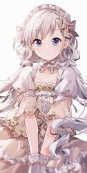 Rule 34 | 1girl, absurdres, blue eyes, blush, bow, brown bow, brown dress, closed mouth, collarbone, commentary, cowboy shot, dress, frilled hairband, frills, gloves, hair bow, hairband, highres, hisakawa hayate, idolmaster, idolmaster cinderella girls, layered sleeves, long hair, looking at viewer, migolu, see-through, see-through sleeves, silver hair, simple background, smile, solo, twintails, v arms, very long hair, white background, white gloves