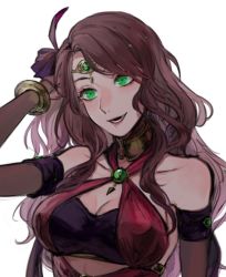 Rule 34 | 1girl, :d, bandeau, bare shoulders, bracelet, breasts, brooch, brown hair, circlet, cleavage, commentary request, criss-cross halter, dorothea arnault, fire emblem, fire emblem: three houses, fire emblem heroes, green eyes, halterneck, head tilt, jewelry, long hair, nintendo, open mouth, pana (87), simple background, smile, solo, upper body, white background