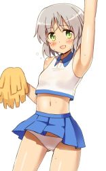 Rule 34 | 1girl, arm up, armpits, bad id, bad pixiv id, blush, cheerleader, clothes lift, crop top, crop top overhang, glastonbury1966, green eyes, looking at viewer, midriff, navel, open mouth, panties, pom pom (cheerleading), sanya v. litvyak, shiny skin, short hair, silver hair, simple background, skirt, skirt lift, solo, strike witches, sweat, underwear, upskirt, wind, wind lift, world witches series