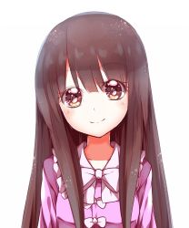 Rule 34 | 1girl, blunt bangs, bow, bowtie, brown eyes, brown hair, eyebrows, facing viewer, head tilt, highres, houraisan kaguya, long hair, looking at viewer, rie-co, simple background, smile, solo, sparkling eyes, touhou, upper body, white bow, white bowtie