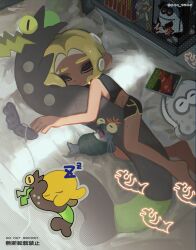 Rule 34 | 1girl, black shorts, blonde hair, cellphone, closed eyes, closed mouth, eyebrow cut, flip phone, highres, indoors, lying, nintendo, octoling, octoling girl, octoling player character, on bed, on side, phone, qqq 9902, shorts, sleeping, smallfry (splatoon), solo, splatoon (series), splatoon 3, tentacle hair, twitter username, zzz