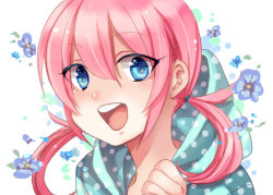 Rule 34 | 1boy, bad id, bad pixiv id, blue eyes, flower, hood, hoodie, inazuma eleven (series), inazuma eleven go, kirino ranmaru, male focus, open mouth, pink hair, portrait, shino (syllable), simple background, solo, twintails, upper body, white background