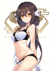 Rule 34 | 1girl, arm behind back, azur lane, blush, bra, breasts, brown hair, closed mouth, collarbone, cowboy shot, gloves, hair between eyes, hair ornament, horns, lingerie, long hair, looking at viewer, low twintails, medium breasts, mikasa (azur lane), navel, panties, ribbon-trimmed bra, ribbon-trimmed panties, shirokitsune, sidelocks, skindentation, smile, solo, stomach, twintails, underwear, underwear only, white bra, white gloves, white panties