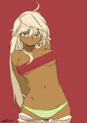 Rule 34 | 1girl, ahoge, arms behind back, bad id, bad pixiv id, bar censor, breasts, censored, clothes pull, colored eyelashes, dark-skinned female, dark skin, guilty gear, guilty gear xrd, long hair, looking at viewer, moromi (inu), orange eyes, panties, ramlethal valentine, red background, shorts, shorts pull, silver hair, solo, striped clothes, striped panties, topless, underwear