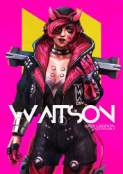 Rule 34 | 1girl, absurdres, alternate costume, apex legends, black lips, blue eyes, bodysuit, breasts, character name, choker, cleavage, commentary, contrapposto, copyright name, cyber punked wattson, cyberpunk, english commentary, eyepatch, facial tattoo, helmet, highres, hood, hood down, hooded jacket, horns, jacket, lipstick, makeup, medium breasts, monori rogue, oni horns, pink background, pink hair, short hair, solo, standing, tattoo, wattson (apex legends)