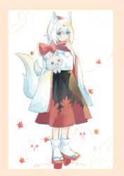 Rule 34 | 1girl, animal, animal ears, black skirt, border, bow, brown border, cat, closed mouth, dog, full body, geta, highres, holding, holding animal, inubashiri momiji, looking at viewer, pom pom (clothes), pomeranian (dog), red bow, red eyes, red scarf, sabatuki, scarf, shirt, short hair, skirt, socks, solo, standing, tail, touhou, white background, white hair, white shirt, white sleeves, white socks, wolf ears, wolf girl, wolf tail