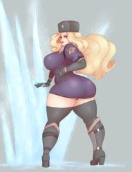 Rule 34 | 1girl, ass, blonde hair, boots, breasts, hat, high heel boots, high heels, highres, huge ass, knee boots, kolin, large breasts, long hair, minidress, solo, street fighter, sunnysundown, thick thighs, thighhighs, thighs