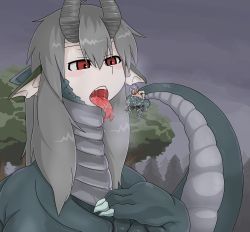 Rule 34 | 1boy, 1girl, giant, giantess, highres, k2 (189172), luka (mon-musu quest!), mon-musu quest!, monster girl, open mouth, red eyes, saliva, scales, tail, tongue, tongue out, tree, vore