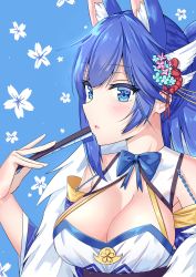 Rule 34 | 1girl, absurdres, animal ears, azur lane, blue eyes, blue hair, bow, bowtie, breasts, cleavage, commentary request, detached collar, detached sleeves, eyes visible through hair, floral print, folding fan, fox ears, fur scarf, fur trim, hair ornament, hand fan, highres, holding, holding fan, japanese clothes, jintsuu (azur lane), large breasts, long hair, looking at viewer, looking to the side, natie, parted lips, sidelocks, simple background, solo, wide sleeves