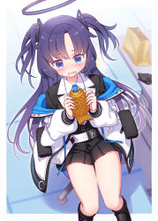 Rule 34 | 1girl, :i, bag, black gloves, black jacket, black skirt, blue archive, blue eyes, blue necktie, blush, closed mouth, collared shirt, commentary request, eating, food, food on face, gloves, unworn gloves, halo, harada (sansei rain), highres, holding, holding food, jacket, long hair, long sleeves, necktie, off shoulder, open clothes, open jacket, paper bag, parted bangs, pleated skirt, puffy long sleeves, puffy sleeves, purple hair, shirt, sitting, skirt, solo, sweat, taiyaki, two side up, very long hair, wagashi, white hair, white shirt, yuuka (blue archive)