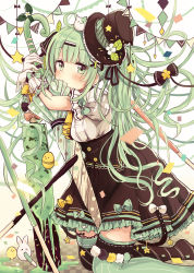 Rule 34 | 1girl, absurdres, ahoge, asymmetrical legwear, black bow, black hat, black ribbon, black skirt, black thighhighs, blush, bow, breasts, brown background, closed umbrella, commentary request, covered mouth, flower, food, frilled skirt, frills, gloves, gradient background, green bow, green eyes, green hair, green thighhighs, green umbrella, hair ornament, hair ribbon, hairclip, hands up, hat, highres, ice cream, kneeling, long hair, looking at viewer, mint chocolate, mismatched legwear, original, pennant, personification, puffy short sleeves, puffy sleeves, ribbon, sakura oriko, shirt, short sleeves, skirt, small breasts, solo, string of flags, thighhighs, top hat, twintails, umbrella, very long hair, white background, white bow, white flower, white gloves, white shirt, x hair ornament