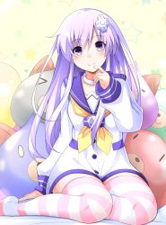 Rule 34 | 1girl, blush, choker, commentary request, d-pad, d-pad hair ornament, dogoo, doria (p f dolia), dress, finger to mouth, hair ornament, hand up, highres, long hair, looking at viewer, neckerchief, nepgear, neptune (series), purple eyes, purple hair, sailor dress, sitting, smile, solo, star (symbol), starry background, striped clothes, striped thighhighs, stuffed toy, thighhighs, thighs, white choker, yellow neckerchief