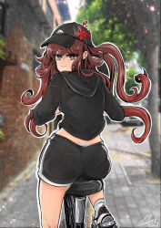 Rule 34 | 1girl, absurdres, alternate ass size, alternate costume, arshil, artist name, ass, baseball cap, bicycle, black footwear, black hat, black hoodie, black shorts, black sweater, brand name imitation, breasts, brown hair, butt crack, closed mouth, day, embarrassed, female focus, flower, flower-shaped pupils, from behind, genshin impact, half-closed eyes, hands up, hat, hat flower, hat ornament, highres, hood, hood down, hoodie, hu tao (genshin impact), jpeg artifacts, lip biting, long hair, looking at viewer, looking back, midriff, orange eyes, outdoors, outline, panties, panty peek, pantylines, pantyshot, photo background, red eyes, red flower, riding, riding bicycle, shiny clothes, shiny skin, shoes, short shorts, shorts, sidelocks, signature, small breasts, socks, solo, sweater, symbol-shaped pupils, tree, twintails, underwear, very long hair, wavy mouth, white outline, white panties, white socks
