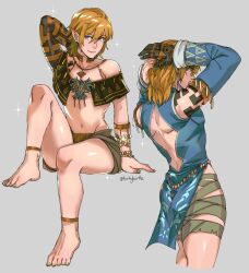 Rule 34 | 1boy, arms up, ass, bare shoulders, barefoot, blonde hair, charged set (zelda), cropped legs, earrings, feet, from behind, frostbite set (zelda), grey background, groin, highres, jewelry, knee up, legs, link, long sleeves, looking at viewer, male focus, medium hair, nail polish, navel, nintendo, pointy ears, shiny skin, simple background, sitting, smile, sparkle, the legend of zelda, the legend of zelda: tears of the kingdom, tirtyturtle, toenail polish, toenails, toes, trap