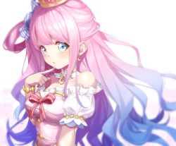 Rule 34 | 1girl, blue eyes, blue hair, blush, bow, bracelet, breasts, commentary, crescent, crescent earrings, crown, detached collar, dress, earrings, fenrir (fenlil0316), finger to mouth, floating hair, frilled sleeves, frills, gradient hair, hair bow, hair rings, heterochromia, highres, himemori luna, himemori luna (1st costume), hololive, jewelry, long hair, looking at viewer, medium breasts, multicolored hair, off-shoulder dress, off shoulder, parted lips, pink dress, pink hair, purple eyes, red ribbon, ribbon, side ponytail, simple background, solo, striped, striped bow, two-tone hair, upper body, virtual youtuber, white background